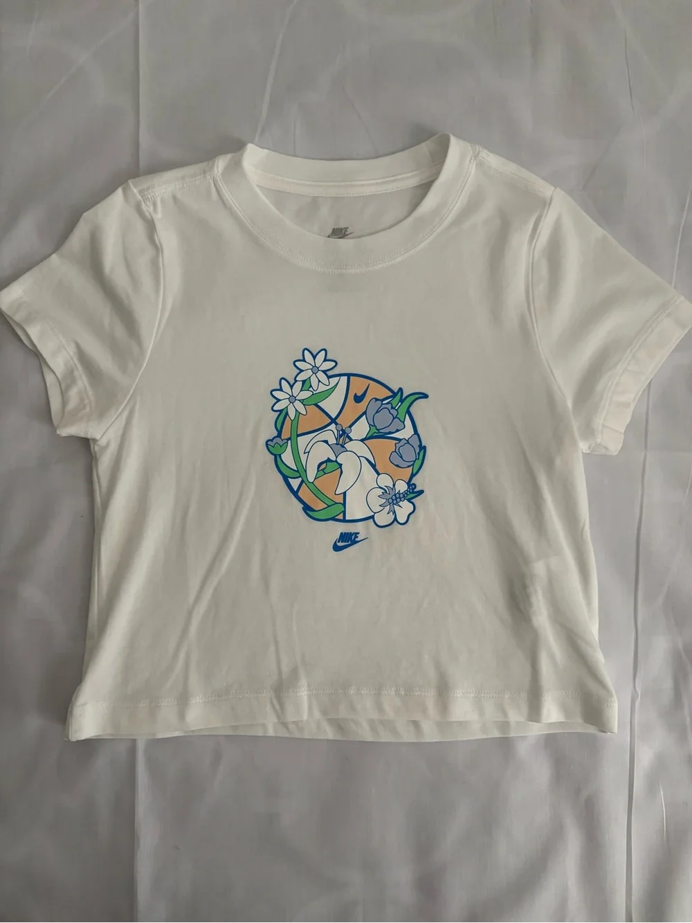 Nike White Tee with Blue, Green and Peach Floral Graphic
